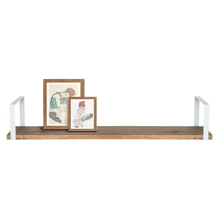 Rei Wandkonsole Pure - L x B x H: 311 x 211 x 30 mm, Belastbarkeit: 30 kg, Weiß - Holzregal mit weißen Metallstützen und zwei gerahmten Kunstwerken.
