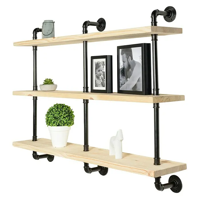 Wandregalhalter-Set - L x B x H: 930 x 85 x 140 mm, Belastbarkeit: 30 kg, Schwarz, 1 Stk. - Dieses Bild zeigt ein dreistöckiges Wandregal im Industriedesign, das mit Deko-Elementen wie Pflanzen und Bildern bestückt ist.