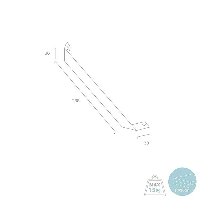 Rei Regalhalter - L x B x H: 238 x 38 x 20 mm, Schwarz, Belastbarkeit: 15 kg - Produktansicht eines Wandregalträgers mit Maßangaben für Montage und Belastbarkeit, ideal für jedes Zuhause.