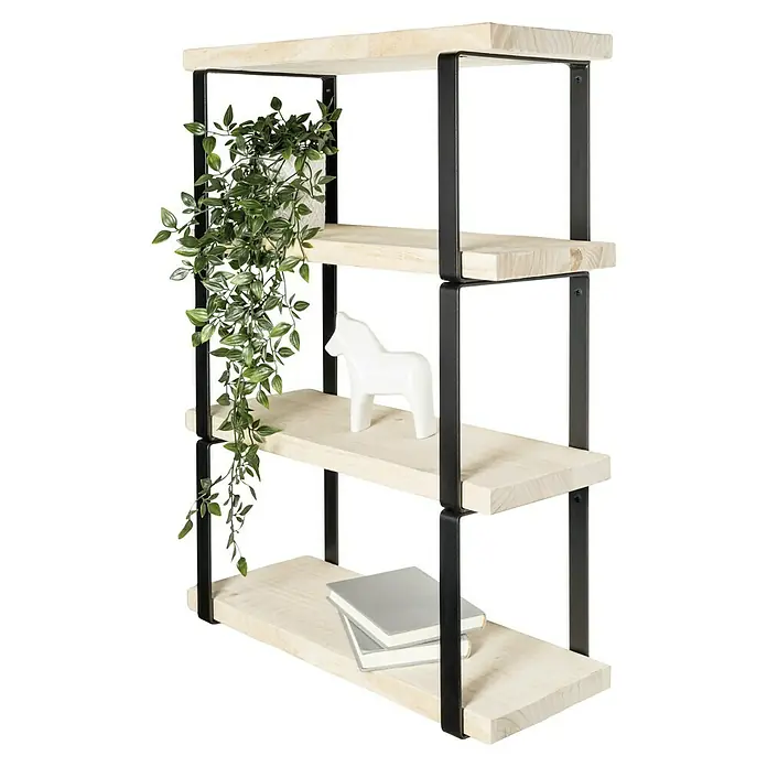 Rei Wandkonsole Pure - L x B x H: 261 x 211 x 30 mm, Belastbarkeit: 30 kg, Schwarz - Dieses Bild zeigt ein dekoratives Wandregal aus Holz mit schwarzem Metallgestell, verziert mit einer Pflanze, einer Pferdefigur und Büchern.