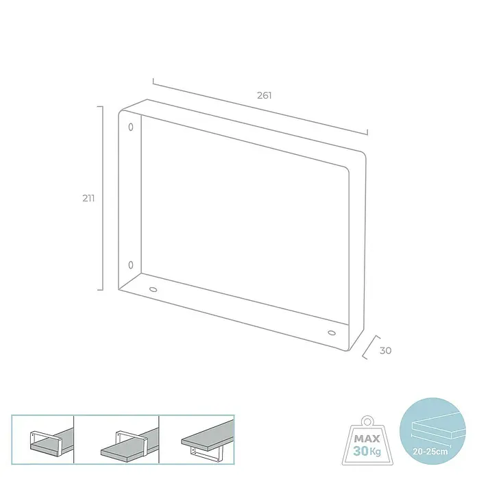 Rei Wandkonsole Pure - L x B x H: 261 x 211 x 30 mm, Belastbarkeit: 30 kg, Schwarz - Produktabbildung eines Regalträgers mit Maßangaben und Belastungsgrenze. Maximale Belastung 30kg, Regaltiefe 20-25cm.