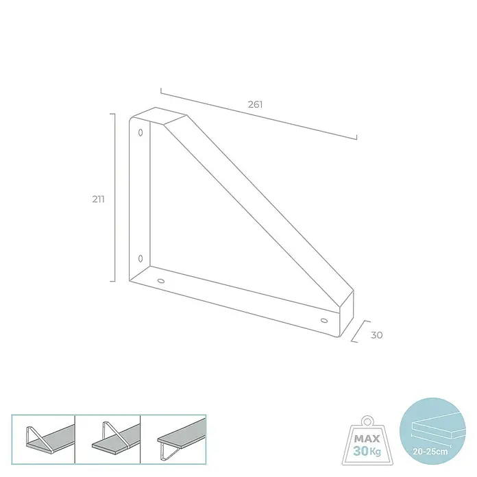 Rei Wandkonsole Dreieck - L x B x H: 261 x 211 x 30 mm, Belastbarkeit: 30 kg, Weiß - Technische Zeichnung einer Wandkonsole mit Maßangaben und Belastungsgrenze für Regalböden.