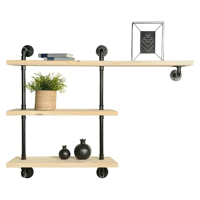 Wandregalhalter-Set - L x B x H: 930 x 85 x 140 mm, Belastbarkeit: 30 kg, Schwarz, 1 Stk. - Dieses Regal im Industrial-Stil bietet mit seinen drei Ebenen viel Stauraum für Bücher, Pflanzen und Dekoartikel. Die Kombination aus Holz und Metall wirkt modern.