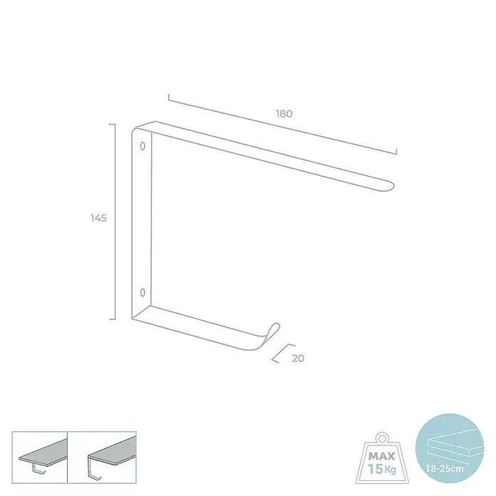 Rei Regalhalter - L x B x H: 180 x 145 x 20 mm, Weiß, Belastbarkeit: 15 kg - Darstellung eines weißen Regalträgers mit den Maßen 145 x 180 x 20 mm und einer maximalen Traglast von 15 kg für Regale mit 18-25 cm Dicke.