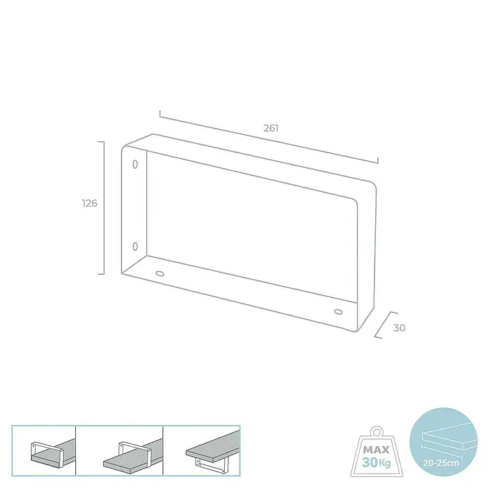 Rei Wandkonsole Pure - L x B x H: 261 x 126 x 30 mm, Belastbarkeit: 30 kg, Schwarz - Produktbild: Die Wandhalterung aus Metall hat die Maße 261x126x30 mm und kann mit Holzregalen kombiniert werden. Max. Belastbarkeit 30 Kg.