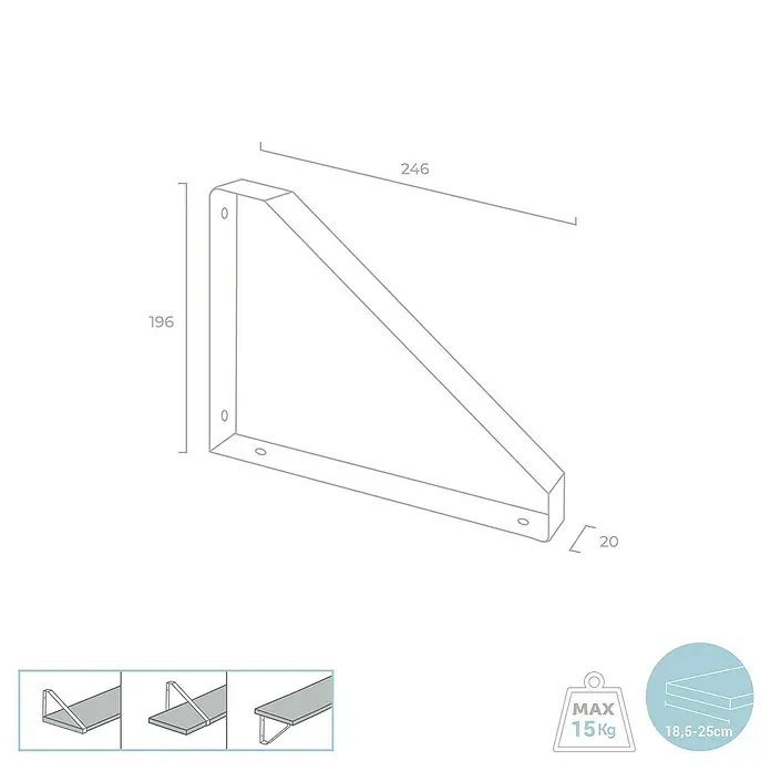 Rei Wandkonsole - L x B x H: 246 x 196 x 20 mm, Belastbarkeit: 15 kg, Schwarz - Abbildung einer robusten, weißen Wandkonsole mit den Maßen 246 x 196 x 20 mm und einer maximalen Belastbarkeit von 15 kg.