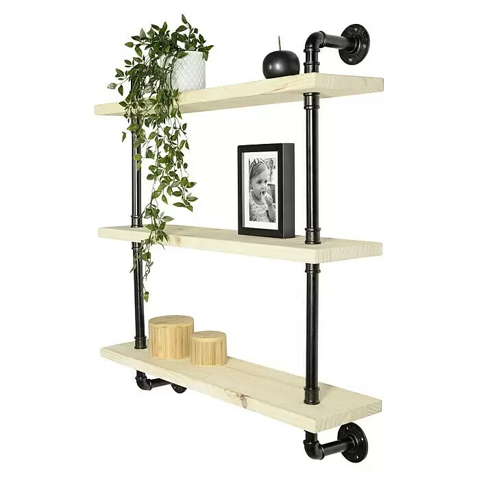 Wandregalhalter-Set - L x B x H: 930 x 85 x 140 mm, Belastbarkeit: 30 kg, Schwarz, 1 Stk. - Dreistufiges Industrie-Rohrregal mit hellen Holzbrettern und schwarzem Metallgestell zur Wandmontage.