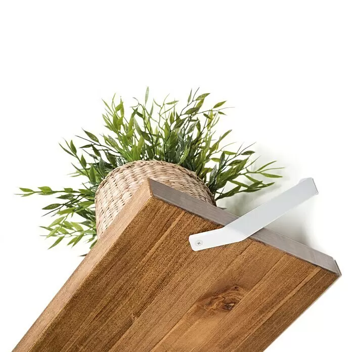 Rei Regalhalter - L x B x H: 238 x 38 x 20 mm, Weiß, Belastbarkeit: 15 kg - Holzregal mit einer weißen Halterung, auf dem eine Pflanze in einem geflochtenen Topf steht.