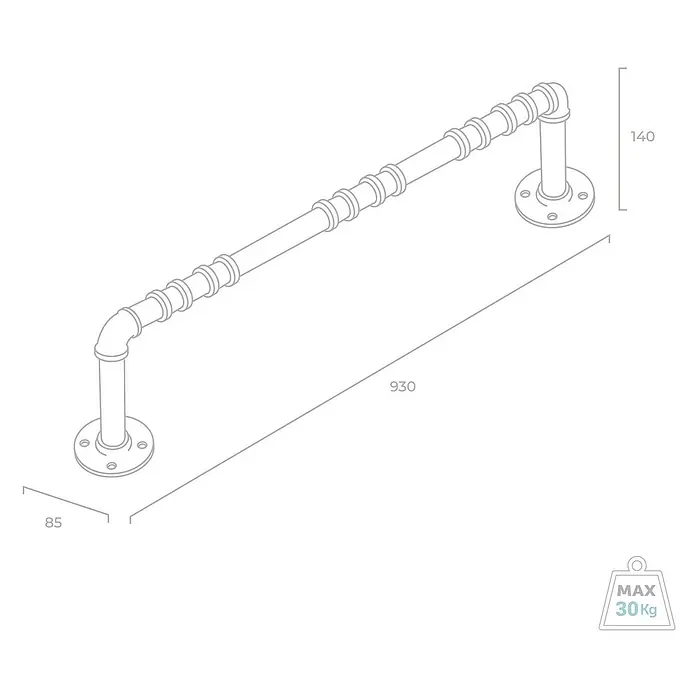 Wandregalhalter-Set - L x B x H: 930 x 85 x 140 mm, Belastbarkeit: 30 kg, Schwarz, 1 Stk. - Illustration eines Handtuchhalters im Industrie-Stil mit Maßangaben. Ideal für moderne Badezimmer mit maximaler Belastung von 30 kg.