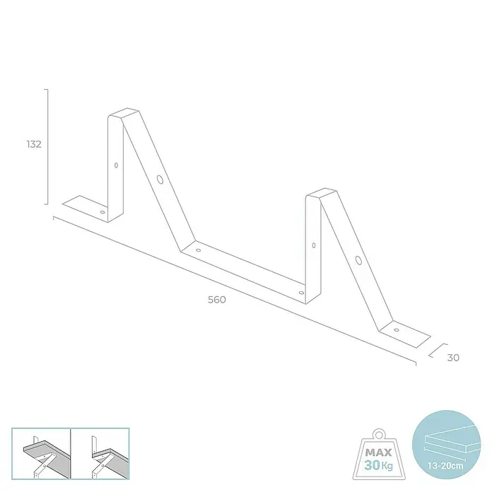 Regalhalter Industrial - L x B x H: 560 x 130 x 30 mm, Schwarz, Belastbarkeit: 30 kg - Produktbild: Eine schematische Darstellung eines Regalträgers mit Maßangaben und Belastungshinweisen.