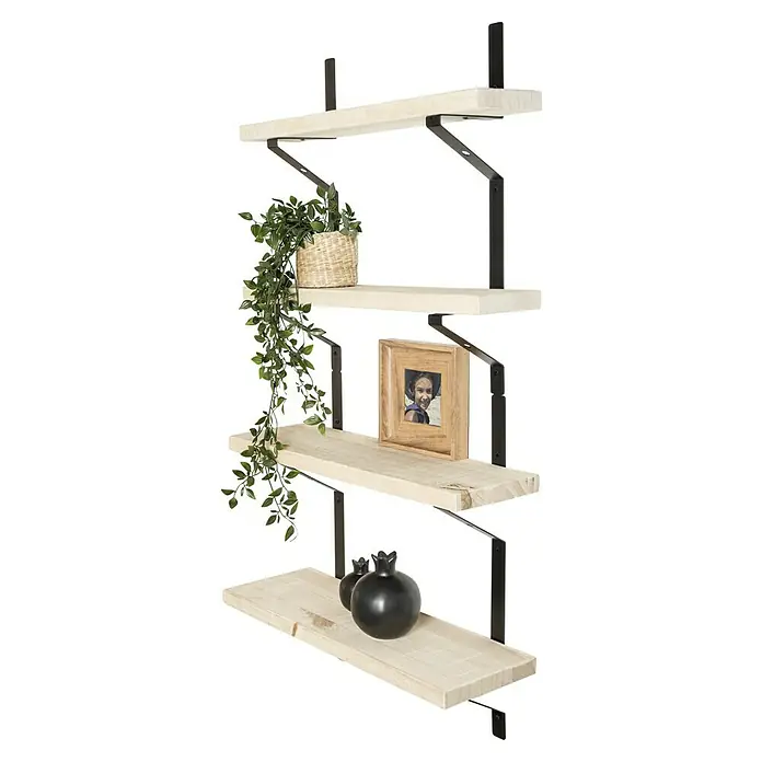 Regalhalter Industrial - L x B x H: 560 x 130 x 30 mm, Schwarz, Belastbarkeit: 30 kg - Wandregal mit drei Ebenen, dekoriert mit einer Pflanze, einem Bilderrahmen und Ziergegenständen, ideal zur stilvollen Wandgestaltung.