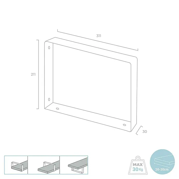 Rei Wandkonsole Pure - L x B x H: 311 x 211 x 30 mm, Belastbarkeit: 30 kg, Weiß - Produktbild eines Wandregalträgers mit Maßangaben, der eine maximale Belastung von 30 kg tragen kann und für Regale von 20-30 cm Tiefe geeignet ist.
