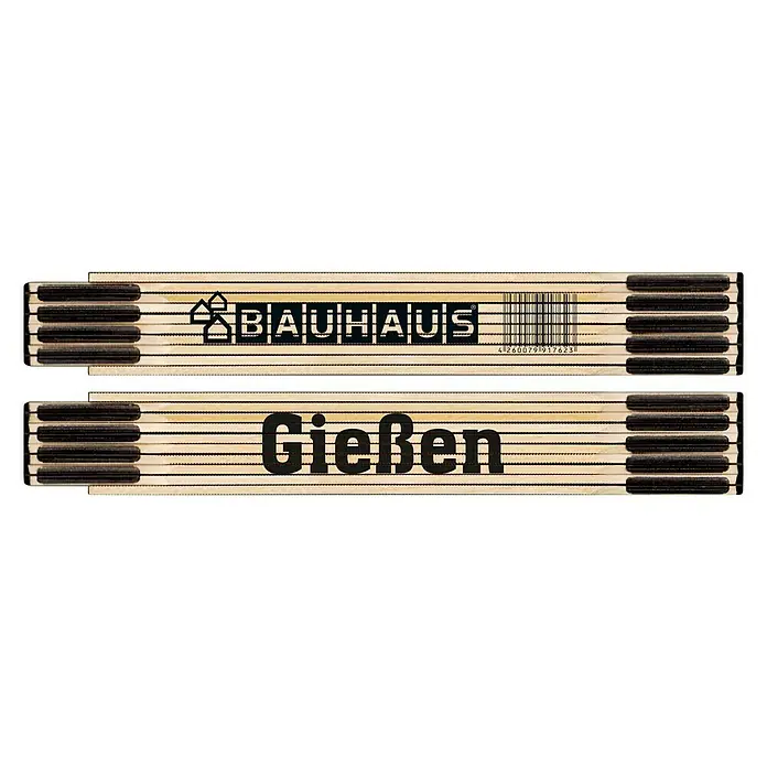 BAUHAUS Zollstock - GIEßEN - Bild eines Zollstocks der Marke Bauhaus mit dem Schriftzug "Gießen". Der Zollstock ist aus Holz gefertigt und hat eine schwarze Beschriftung.