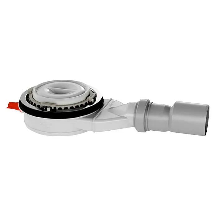 Kaldewei Ablaufgarnitur - Durchmesser Ablauf: 90 mm, Chrom - Weißer Siphon mit rundem Deckel und seitlichem Abflussrohr. Das Produkt ist vor einem schwarzen Hintergrund abgebildet.