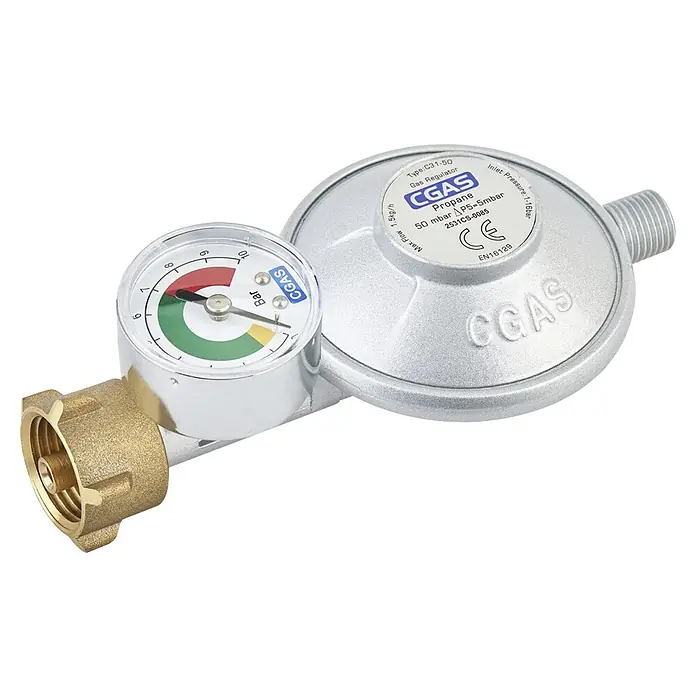 Kingstone Druckminderer - 50 mBar, Passend für: G ¼″ Linksgewinde - Propangasregler mit Manometer zur Druckmessung. Geeignet für den Einsatz mit Propangasflaschen und -systemen.