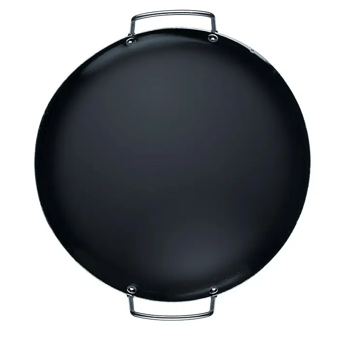 Kingstone KMS Grillwok - Ø x H: 30 x 12,5 cm, Stahl, Emailliert - Eine schwarze Paella-Pfanne mit zwei silbernen Griffen, ideal zum Kochen im Freien und zum Servieren köstlicher Paella-Gerichte.