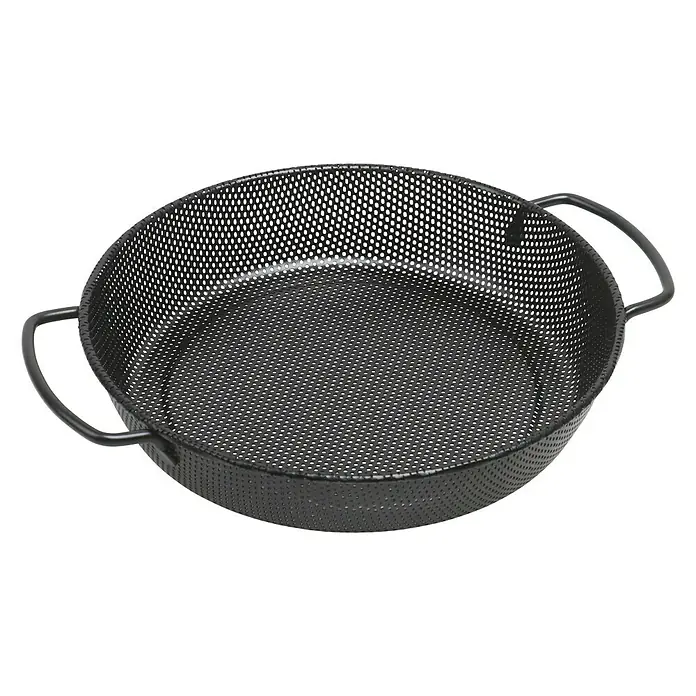 Kingstone Grillpfanne - L x B: 25 x 30 cm, Durchmesser: 25 cm, Höhe: 5 cm, Eisen - Eine schwarze Paella-Pfanne mit Löchern und Griffen an den Seiten, perfekt für die Zubereitung von köstlichen Reisgerichten.