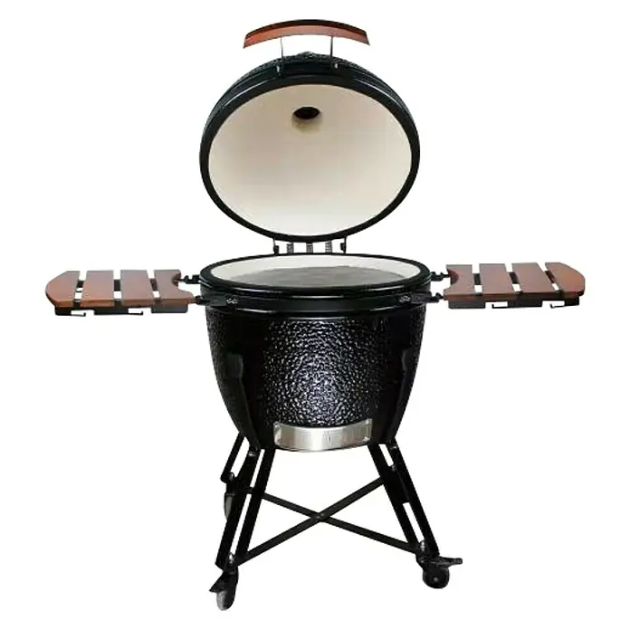 Kingstone Holzkohlegrill Kamado 51 - Durchmesser Grillfläche: 51,5 cm, Schwarz - Schwarzer Keramikgrill mit offenem Deckel und Holzablagen für kulinarische Köstlichkeiten im Freien.