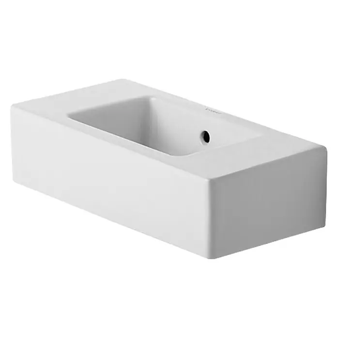 Duravit Vero Waschbecken - 50 x 25 cm, Ohne Spezialglasur, Hahnloch: Ohne, Mit Überlauf, Weiß, Ungeschliffen - Eine rechteckige, weiße Waschbecken-Schale, ideal für moderne Badezimmer. Die Form ist schlicht und elegant.