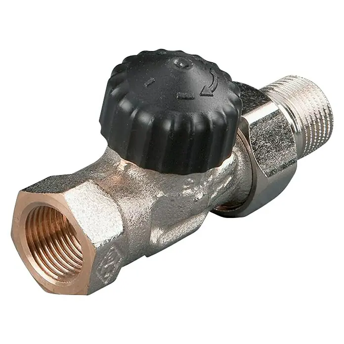 Heimeier Thermostatventil-Set - ⅜″, Durchgangsventil, ⅜″ - Nahaufnahme eines Heizkörperventils mit schwarzem Drehknopf und Gewindeanschlüssen, ideal für Heizungsinstallationen.