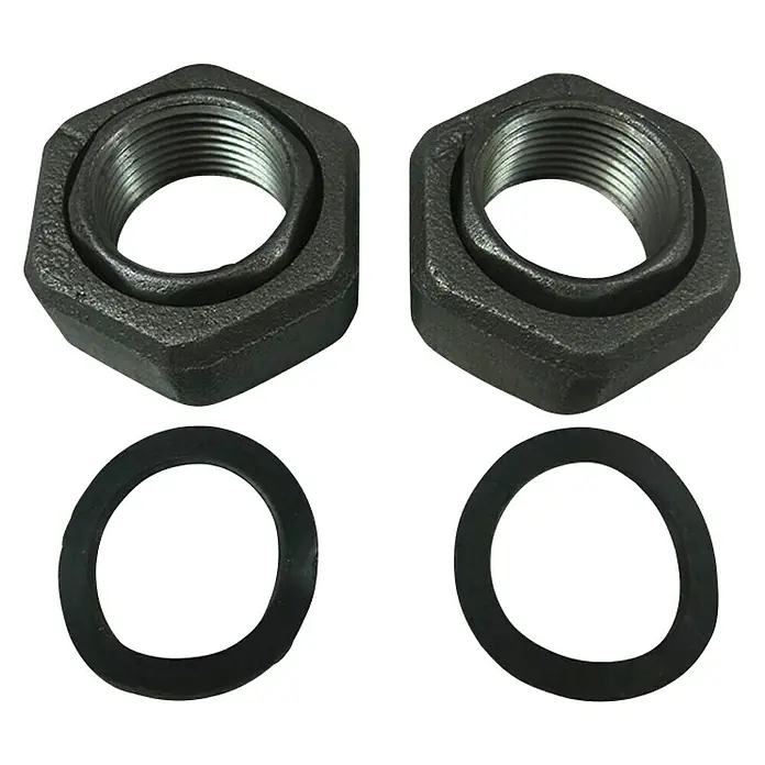 Verschraubung - 1″ / G 1 ½″ - Nahaufnahme von zwei schwarzen Rohrmuffen und Dichtungen für Sanitärinstallationen, die für wasserdichte Verbindungen in Rohrleitungssystemen sorgen.