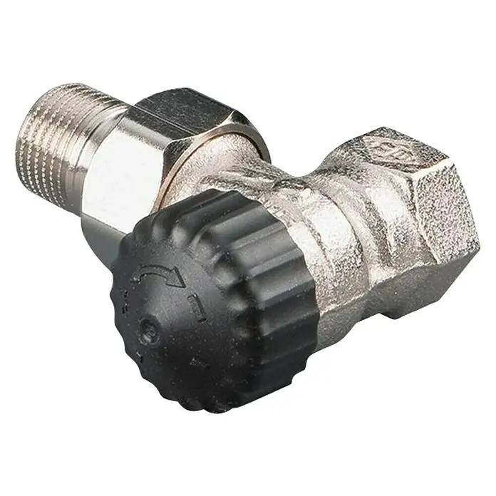 Heimeier Thermostatventil-Set - ¾″, Eckventil, ¾″ - Nahaufnahme eines Eckventils aus Metall mit schwarzem Griff zur präzisen Durchflussregulierung.