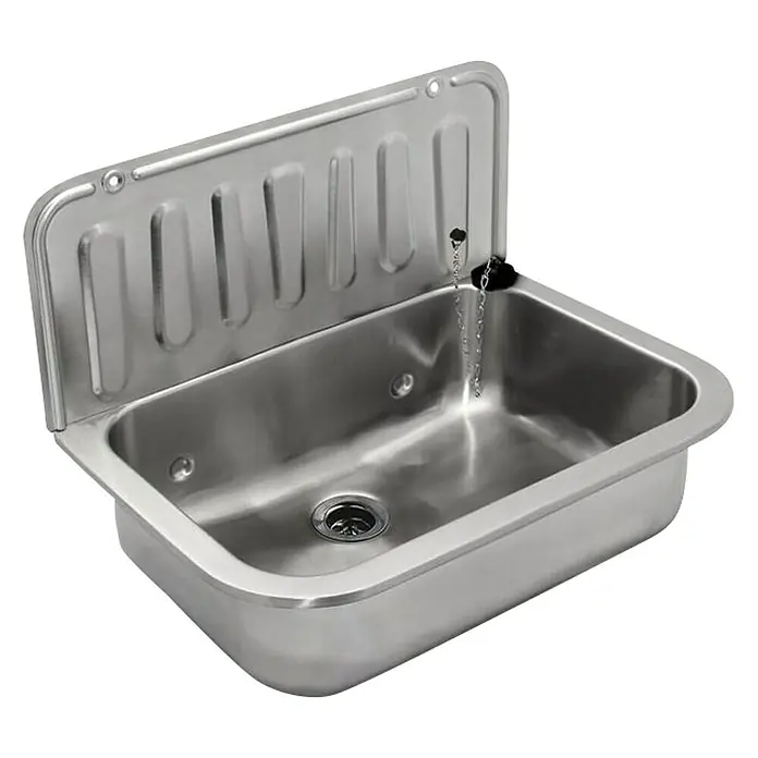 Stahl-Ausgussbecken - Edelstahl, B x L: 49,5 x 32,5 cm - Edelstahlspüle mit Rückwand, ideal für den professionellen Einsatz in Küche oder Werkstatt. Langlebig, hygienisch und leicht zu reinigen.