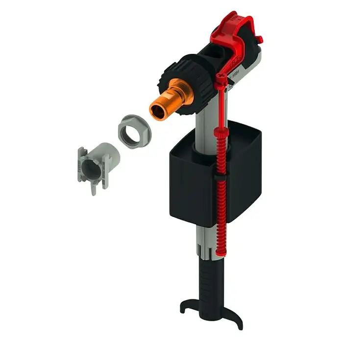Tece Universal-Füllventil F10 - Geeignet für: WC-Spülkästen - Ein Toilettenfüllventil, das aus mehreren Teilen besteht, darunter ein roter Hebel und ein orangefarbener Anschluss.