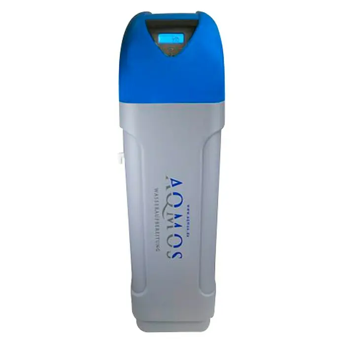 Wasserenthärter Aqmos CMR-60 - Salzvorrat: 70 kg, 50 x 32 x 114 cm, Nenndurchfluss Qn: 1,8 m³/h - Bild eines AOMOS Wasseraufbereiters mit blauem Oberteil und digitaler Anzeige vor schwarzem Hintergrund.