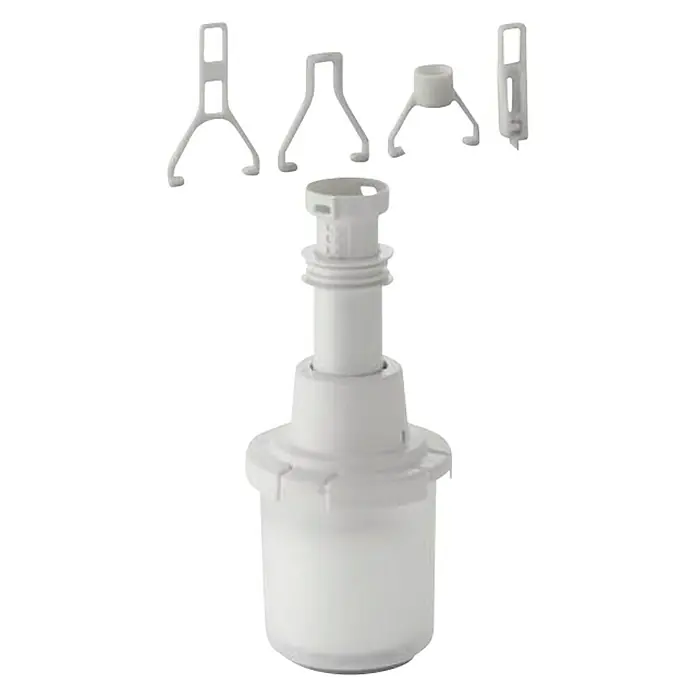 Geberit Universal-Heberglocke 240.113.001 - Passend für: Geberit AP-Spülkästen - Ein weißes Spülventil mit vier weißen Halterungen in einer Reihe. Ideal für die Installation und Reparatur von Toilettenspülkästen.