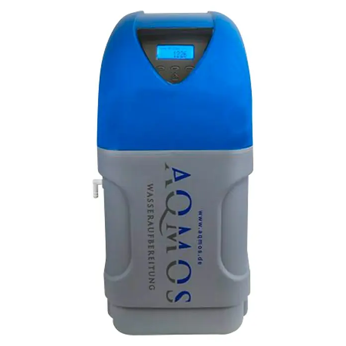 Wasserenthärter Aqmos CMR-32 - Salzvorrat: 40 kg, 50 x 32 x 67 cm, Nenndurchfluss Qn: 1 m³/h - Abbildung eines Aqmos Wasserenthärters mit blauem Oberteil und grauem Unterteil mit digitaler Anzeige.