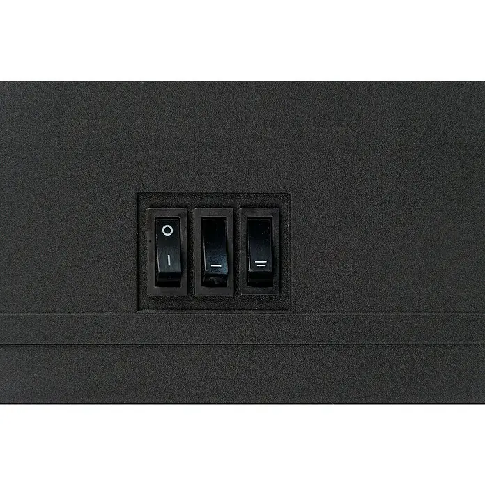 Chimenea eléctrica Torino - Negro, 2.000 W, L x An x Al: 25 x 39 x 56,5 cm - Primer plano de una superficie negra con tres interruptores, que controlan varios niveles de energía de un dispositivo.