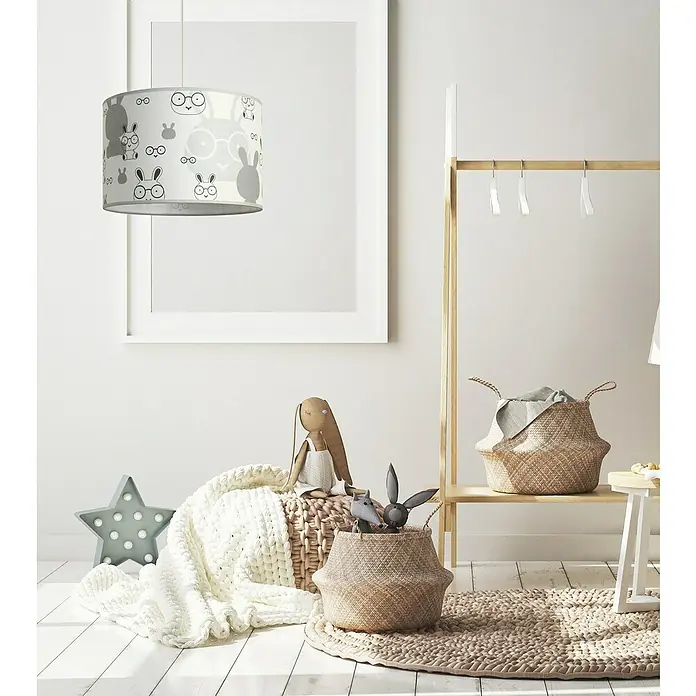 Idp Lampshades Lámpara colgante redonda Bunny - 40 W, Ø x Al: 30 x 20 cm, Blanco, E27 - Interior de la habitación infantil con una adorable lámpara colgante con temática de conejos, que añade un toque lúdico al espacio.