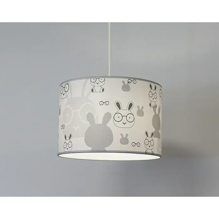 Idp Lampshades Lámpara colgante redonda Bunny - 40 W, Ø x Al: 30 x 20 cm, Blanco, E27 - Una lámpara colgante gris con un patrón de conejitos con gafas, que añade un toque lúdico e infantil a la habitación.
