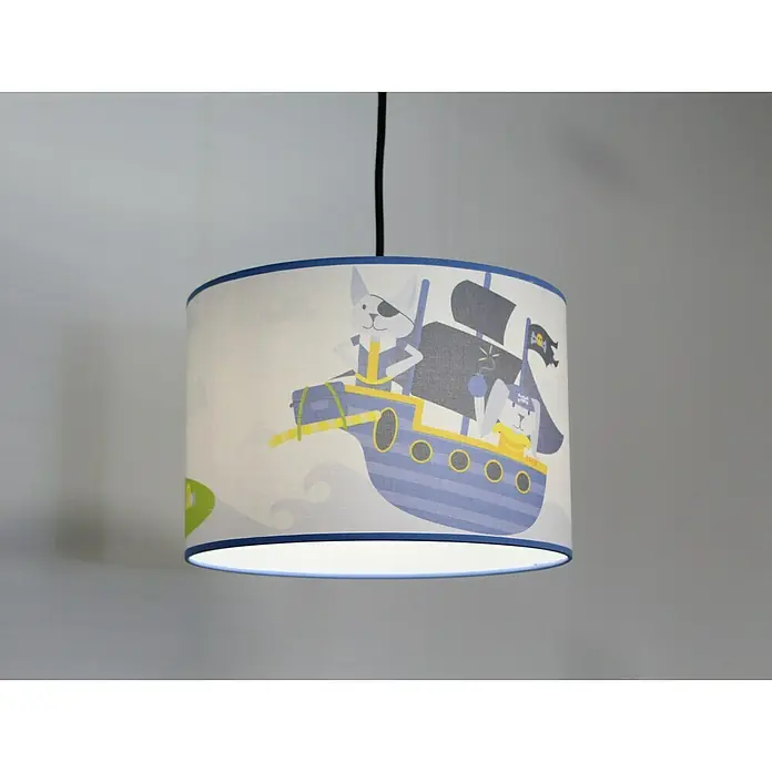 Idp Lampshades Lámpara colgante redonda Piratas - 40 W, Ø x Al: 30 x 20 cm, Azul, E27 - Lámpara colgante con un diseño pirata adorable, ideal para habitaciones infantiles. La cinta azul en la pantalla añade un toque divertido.