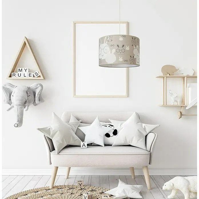 Idp Lampshades Lámpara colgante redonda Bunny - 40 W, Ø x Al: 30 x 20 cm, Taupe, E27 - Habitación infantil con una lámpara colgante con diseño de conejitos, que ofrece iluminación suave y añade un toque divertido.