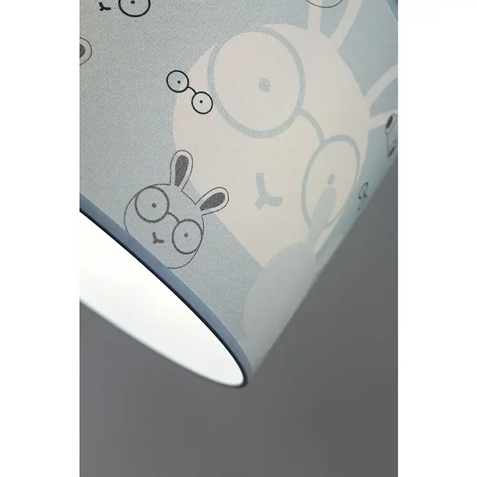 Idp Lampshades Lámpara colgante redonda Bunny - 40 W, Ø x Al: 30 x 20 cm, Azul, E27 - Primer plano de una pantalla de lámpara con un estampado de conejitos, que emana una iluminación suave, aportando un toque lúdico.