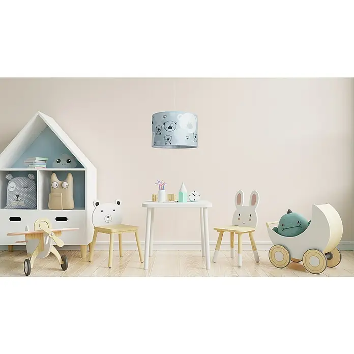 Idp Lampshades Lámpara colgante redonda Nestor - 40 W, Ø x Al: 30 x 20 cm, Azul, E27 - Habitación infantil con lámpara de ositos, mesa con sillas y estantería de juguetes.