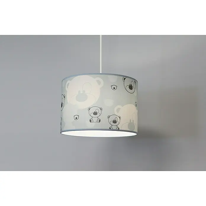 Idp Lampshades Lámpara colgante redonda Nestor - 40 W, Ø x Al: 30 x 20 cm, Azul, E27 - Primer plano de una lámpara de techo para habitación infantil con un diseño de ositos, mostrando su suave iluminación, ideal para un ambiente relajante.