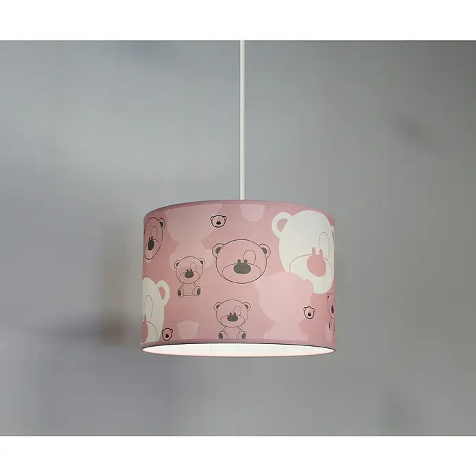 Idp Lampshades Lámpara colgante redonda Nestor - 40 W, Ø x Al: 30 x 20 cm, Rosa, E27 - Lámpara colgante rosa para habitación infantil con estampado de ositos, que ofrece una iluminación suave y lúdica.