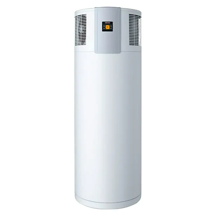 Stiebel Eltron Warmwasser-Wärmepumpe WWK 300 Sol electronic - Heizleistung: 1,3 kW - 1,6 kW, Fassungsvermögen: 291 l - Ein schlanker, weißer Warmwasserspeicher mit einem digitalen Display und seitlichen Lüftungsschlitzen. Effiziente Warmwasserbereitung im Haushalt.