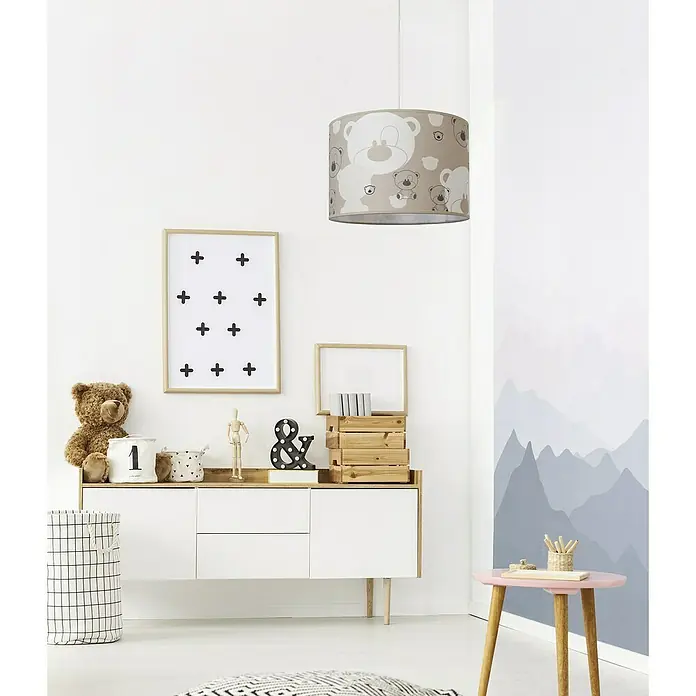 Idp Lampshades Lámpara colgante redonda Nestor - 40 W, Ø x Al: 30 x 20 cm, Taupe, E27 - La lámpara colgante con estampado de oso es un punto de atracción en la habitación infantil. Proporciona una luz suave y un ambiente acogedor.