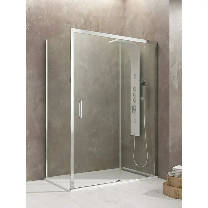GME Mampara de ducha frontal Aktual Frontal + Lateral - L x An x Al: 70 x 100 x 195 cm, Plata Brillo, Espesor de vidrio: 8 mm, Vidrio transparente - Una cabina de ducha moderna con líneas limpias y un accesorio elegante que realza el baño.