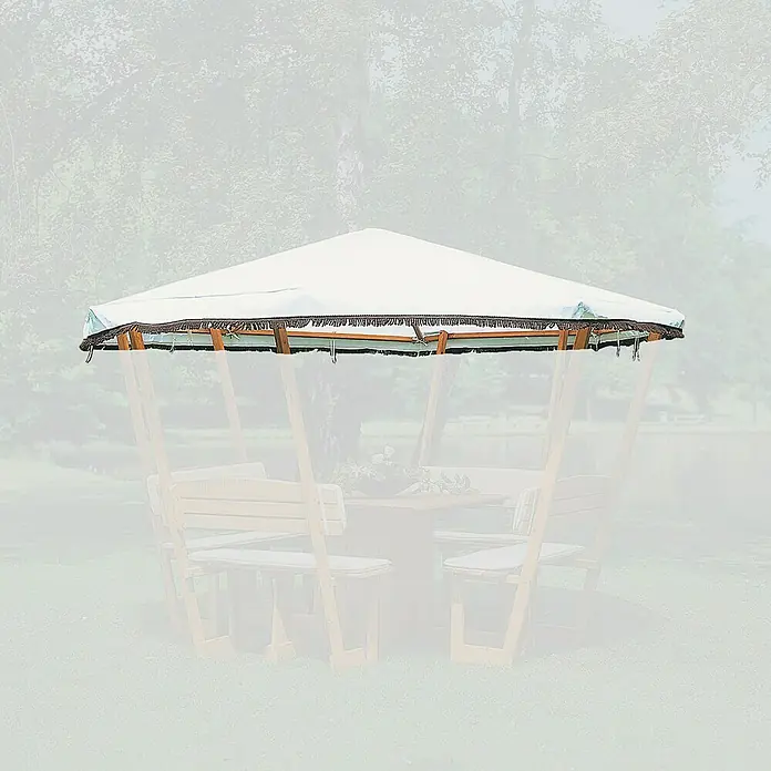 Promadino Ersatzdach Rosenheim - Weiß, Passend für: Promadino Pavillon Rosenheim - Ein weißes Partyzelt mit braunen Fransen und einem Gestell aus Holz. Das Zelt spendet Schatten für die darunter stehenden Gartenmöbel.