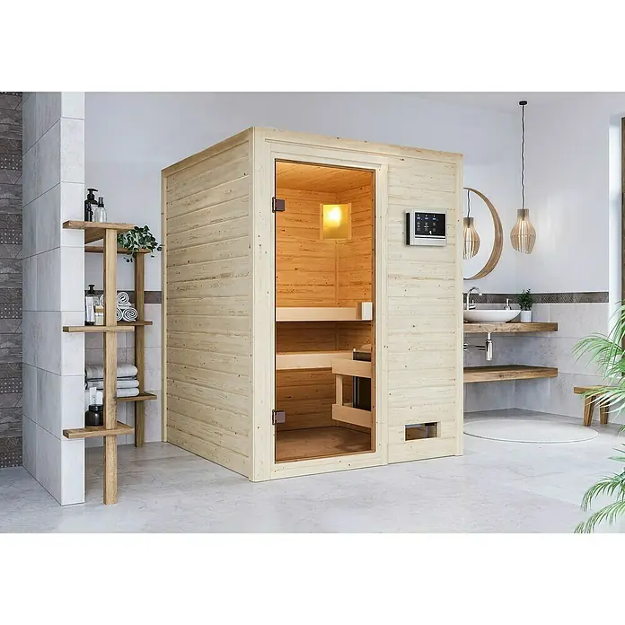 Karibu Massivholzsauna Sandra - L x B x H: 145 x 145 x 187 cm, Ohne Dachkranz, 3,6 kW Saunaofen mit multifunktionaler Steuerung - Ein modernes Holzsauna-Modul in einem hellen Badezimmer. Perfekt für Entspannung und Wellness zu Hause, mit integriertem Bedienfeld.