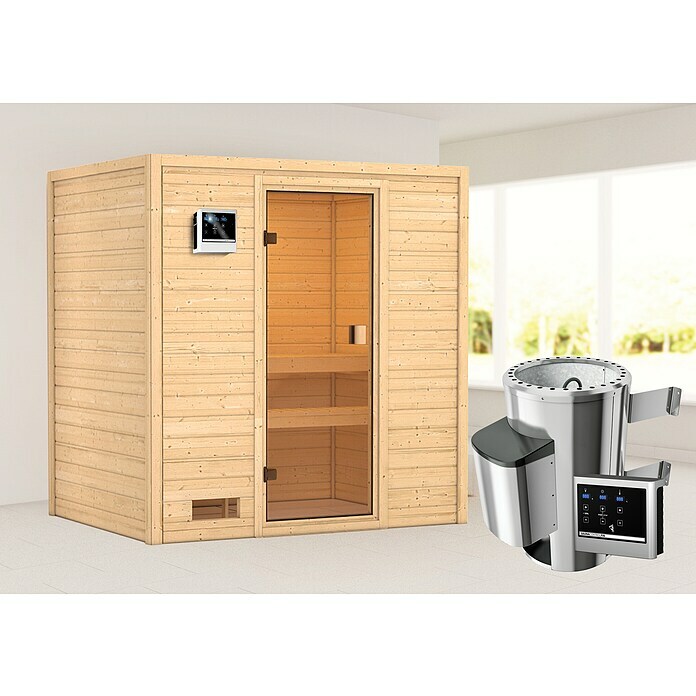 Karibu Massivholzsauna SelenaMit 3,6 kW Ofen mit externer Steuerung, Ohne Dachkranz, Material Tür: Ganzglas Bronze, 145 x 195 x 187 cm Mood Shot