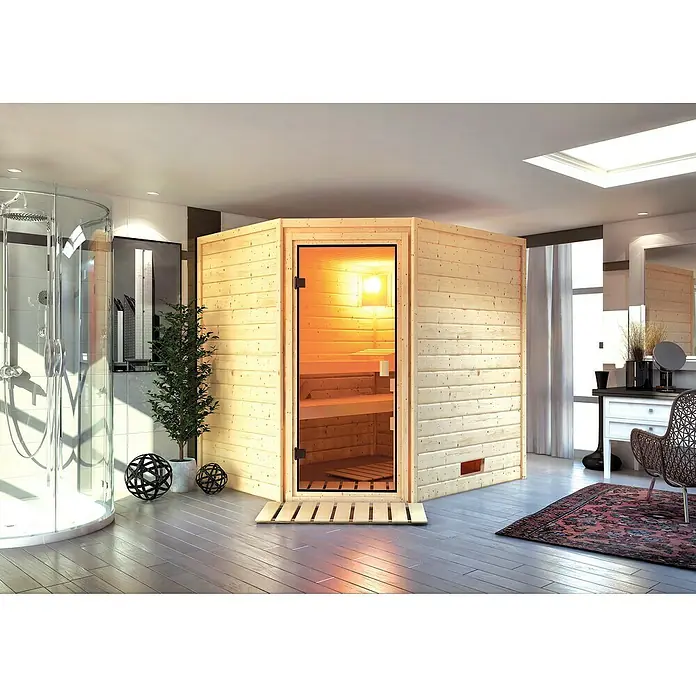 Karibu Massivholzsauna Elea - Ohne Dachkranz, L x B x H: 169 x 195 x 187 cm - Einladende Saunakabine aus hellem Holz mit Glastür, die Wärme und Entspannung verspricht. Perfekt für Ihr persönliches Wellness-Erlebnis.