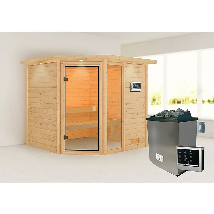 Karibu Massivholzsauna Tabea - L x B x H: 210 x 224 x 191 cm, Mit 9 kW Ofen mit externer Steuerung, Mit Dachkranz und Beleuchtung - Das Bild zeigt eine detailreiche Ansicht einer Ecksauna mit Ofen, die durch ihr Design und die Holzelemente eine einladende Atmosphäre schafft.