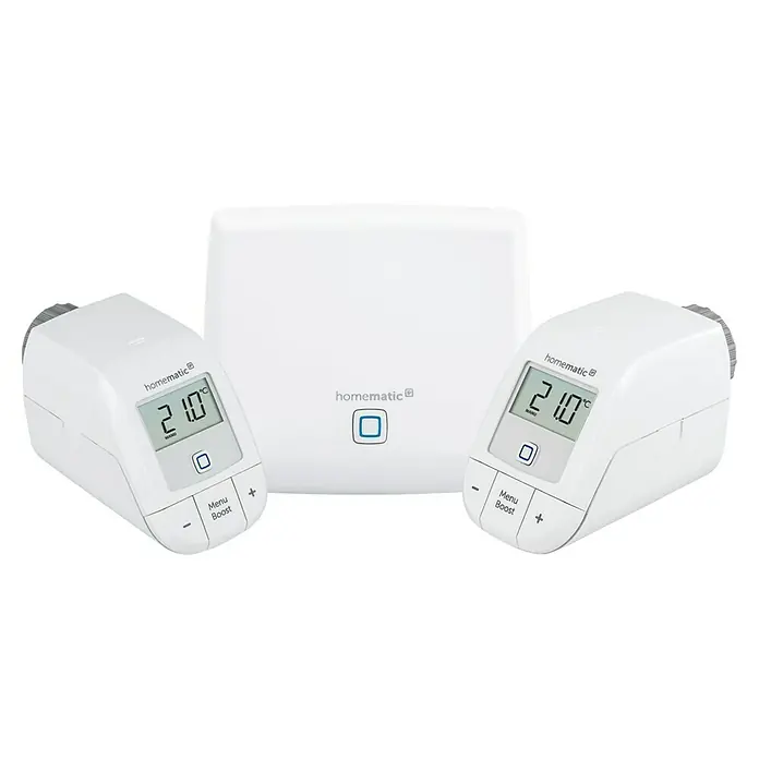 Homematic IP Starter-Set Heizen HmIP-SK16-2 - 1 Access Point & 2 Heizkörper-Thermostate basic - Intelligentes Heizkörperthermostat-Set von Homematic IP, bestehend aus zwei Heizkörperthermostaten und einem Access Point für smarte Heizungssteuerung.
