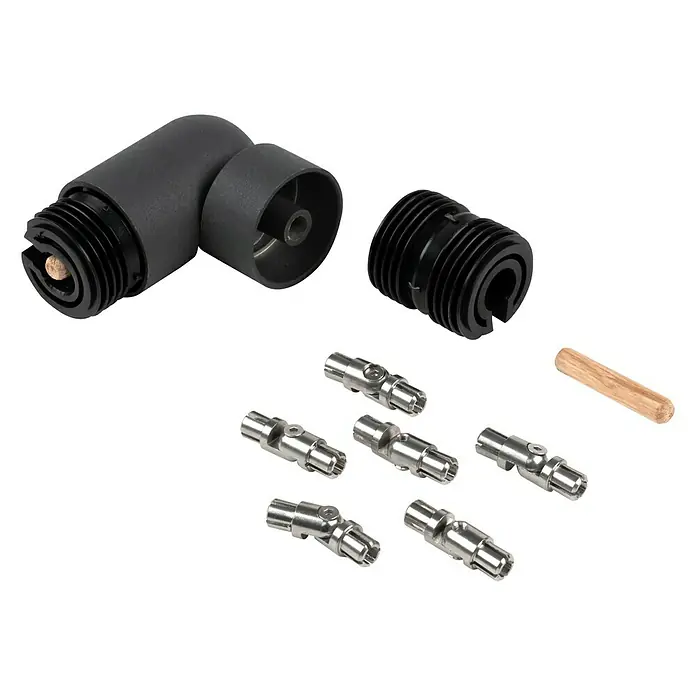 Dolle Eckverbinder-Set PS 152 - Anthrazitgrau, Rund - Ein Set von schwarzen und silbernen Gelenkarmatur-Komponenten, inklusive Verbindungsstücken und einem Dübel. Ideal für Möbelbau und DIY-Projekte.
